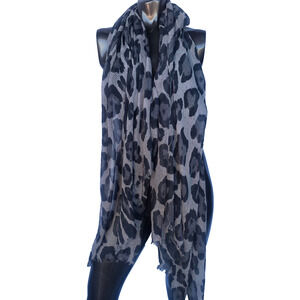 Leopard Print Scarf Womens Gray Black Animal Print Lightweight Frayed Trim Shawl